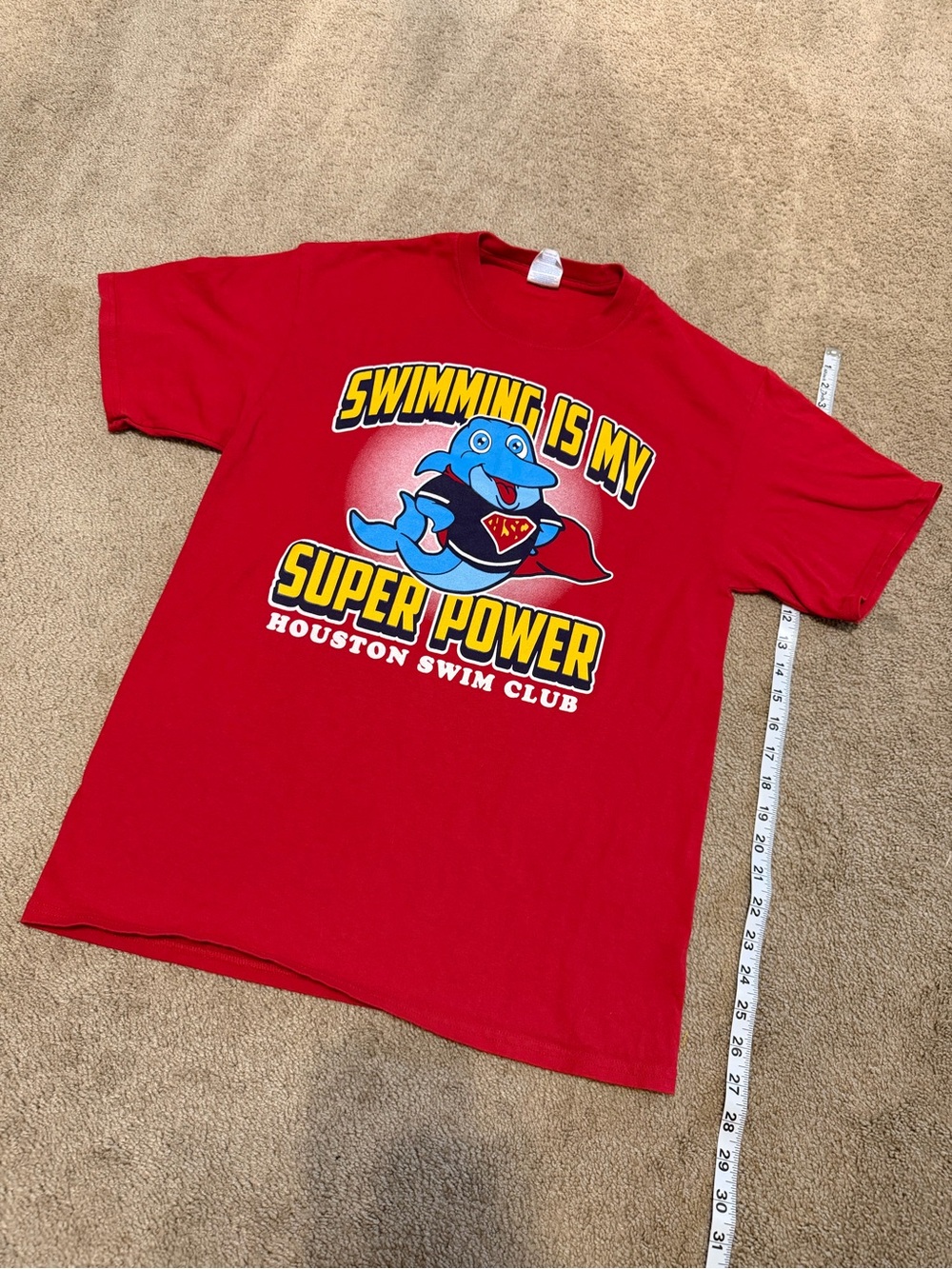 Port and Company Kids' Red Swim Tee with Blue Superhero Dolphin